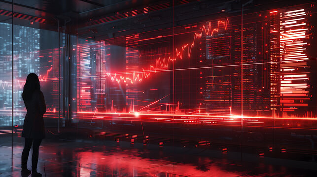 futuristic stock market display with red digital charts and graphs  woman standing in the foreground observing them financial artificial intelligence ai - Powered by Adobe