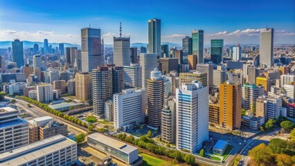 Naklejka premium Cityscape of downtown Osaka with clear blue sky, Osaka, Japan, city, urban, downtown, skyline, buildings, architecture