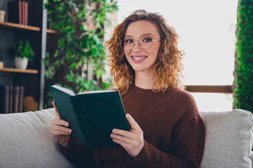 Fototapeta premium Photo of pretty cute adorable woman wear stylish clothes hold planner read text indoors house home