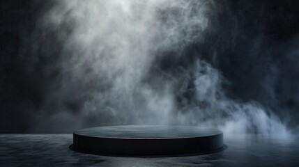 A circular platform surrounded by smoke in a dark setting