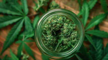 CloseUp of Cannabis Leaves and Buds in a Glass Jar for Medical and Recreational Use