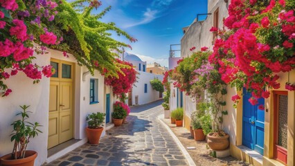 Beautiful street in Santorini, Greece with colorful flowers , Santorini, Greece, street, flowers, colorful