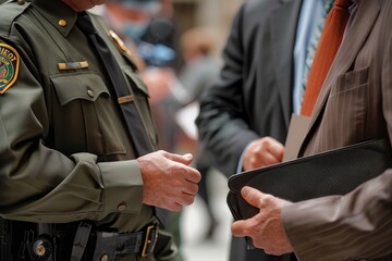 A police officer and a businessman are having a conversation outdoors, emphasizing law enforcement interaction in a professional setting.