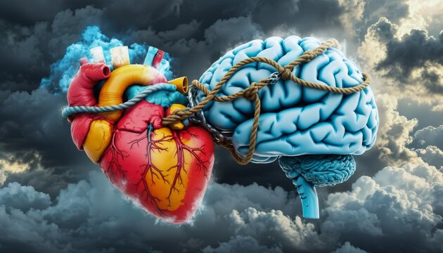 a heart and a brain locked in a tug-of-war with a storm cloud overhead, bright and contrasting colors, emphasizing the conflict between emotion and logic, vector art