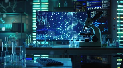 Modern laboratory with a microscope and a computer screen displaying a 3d model of a DNA strand