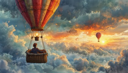light bulb as hot air balloon basket, person inside, rising above turbulent storm clouds, sunrise in background, whimsical watercolor style illustration