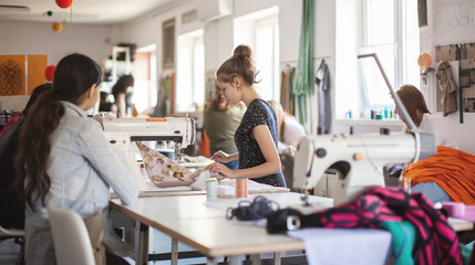 Creative process of a fashion design studio with designers working on sewing machines, textile and garment creation concept