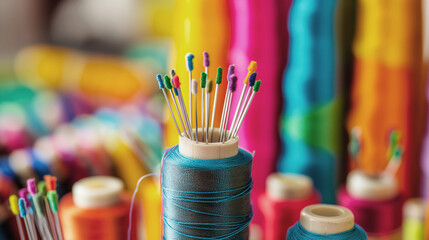 Colorful sewing pins on spool of blue thread with spools of multicolored threads in background, sewing concept