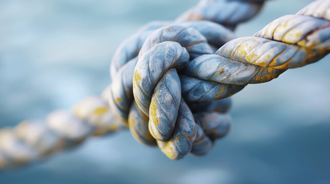 Close up of a knot in a marine rope, showing its detailed texture and weathered surface, strength and durability concept