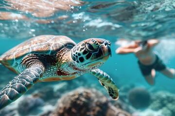 Fototapeta premium Sea Turtle Encounter in Turquoise Waters