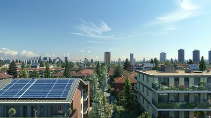 Generate a photo realistic image of urban renewable energy integration into the grid and city infrastructure; ensure the image is of high resolution for clear and detailed quality.