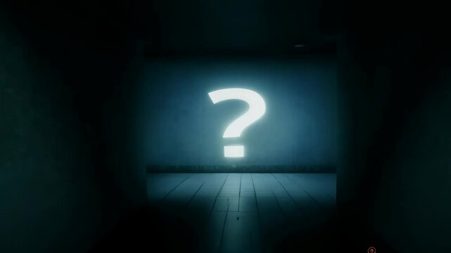  a dark hallway,  a glowing question mark on the wall. The back light creates a silhouette effect, while the side light highlights the edges of the question mark, adding to the suspense and mystery.