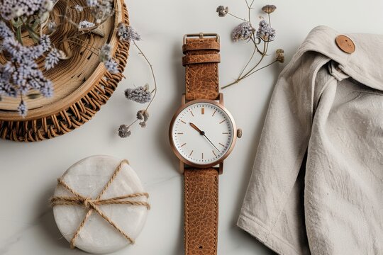 A minimalistic photograph displaying a wristwatch with a brown leather strap, surrounded by natural elements such as dried flowers and rustic decor on a white surface.