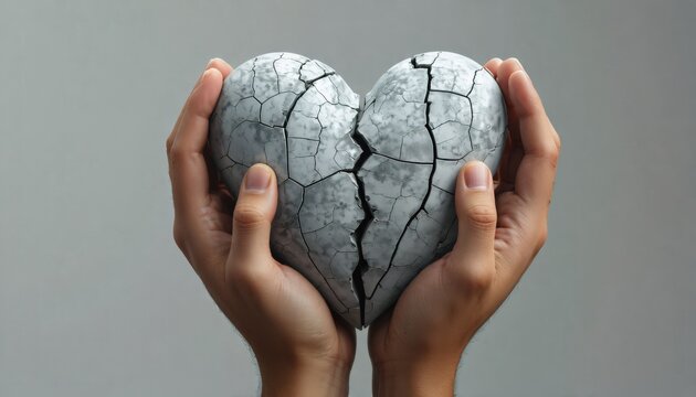 fragmented heart held gently by two hands, light gray background, vector illustration, minimalist style, emphasizing the cracks and separation as symbols of emotional pain