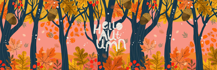 Hello, Autumn. Vector modern abstract illustration of nature, trees, forest, foliage, leaf, leaf, acorn for banner, background, greeting card, panorama or pattern