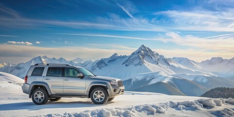 Naklejka premium Jeep Cherokee parked on top of snow-covered mountains , adventure, off-roading, exploration, vehicle, rugged