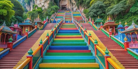 Aerial view of colorful stairs and entrance at Batu Caves in Kuala Lumpur, Malaysia, Batu Caves