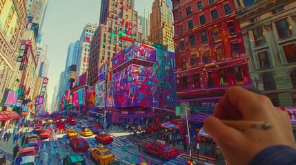 A man is painting a city street with a brush