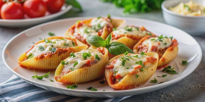 Delicious and cheesy stuffed shells on a white plate, pasta, Italian, food, meal, dinner, recipe, stuffed, shells