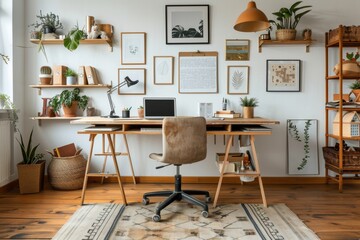 This stylish home office features a large wooden desk with a comfortable chair, surrounded by plants and artwork, creating an inviting and aesthetically pleasing work environment.