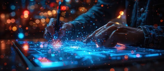 Digital Interaction: A Person Navigating a Futuristic Interface