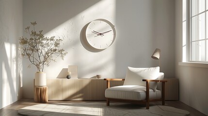 Round Wall Clock in the interior of modern living room with sofa