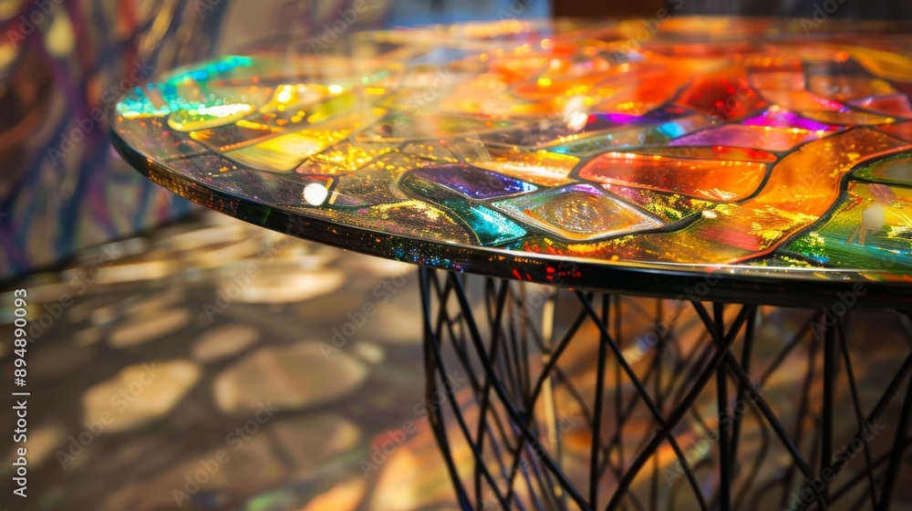 Aufkleber A close-up of a table with a colorful glass tabletop, showcasing intricate patterns and a shimmering effect.