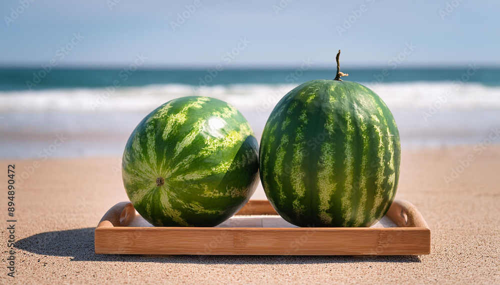 Sticker fresh watermelon on wooden tray on sandy beach, ocean waves. sweet and juicy fruit. close-up.