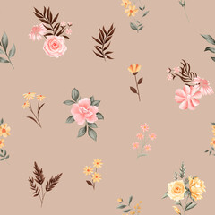 Watercolor flowers pattern, yellow and pink tropical elements, green leaves, brown background, seamless