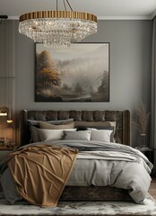 Luxury bedroom interior with a wooden bed and a chandelier.