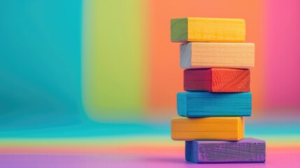 Wooden blocks stacking game on table with colorful background and empty space for text