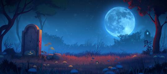 Obraz premium Halloween at night with full moon, Game background, Illustration