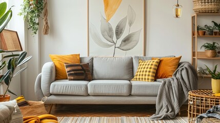 Fototapeta premium Contemporary boho living room with gray sofa, yellow pillows, plaid, art, rattan basket, and personal decor. Stylish home.