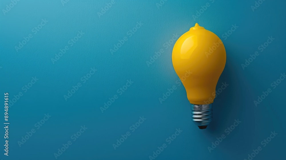 Poster innovative yellow light bulb shining on blue background unique idea and success potential think crea