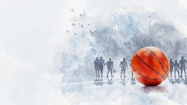 A basketball team practicing defensive drills, with coaches emphasizing teamwork, watercolor style, high-resolution photo, realistic photo