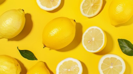 A bright and cheerful pattern of lemons and lemon slices, with a sunny yellow background, high-resolution photo, realistic photo, hyper realistic