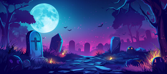 Obraz premium Halloween at night with full moon, Game background, Illustration