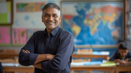 Middle Aged South Asian Male School Teacher Smiling in a Classroom Setting with World Map Background