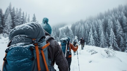 Adventurers are seen hiking in a line through snowy mountains and forests, with frosted trees and a misty atmosphere creating a thrilling and serene experience.