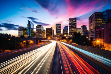 Fototapeta premium Dusk Descends over Modern Metropolis: A Dynamic Cityscape Photograph Capturing the Dualism of Vibrant City Life against Tranquil Waterfront