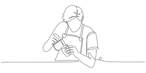 Continues line art illustration of barista pouring milk to coffee