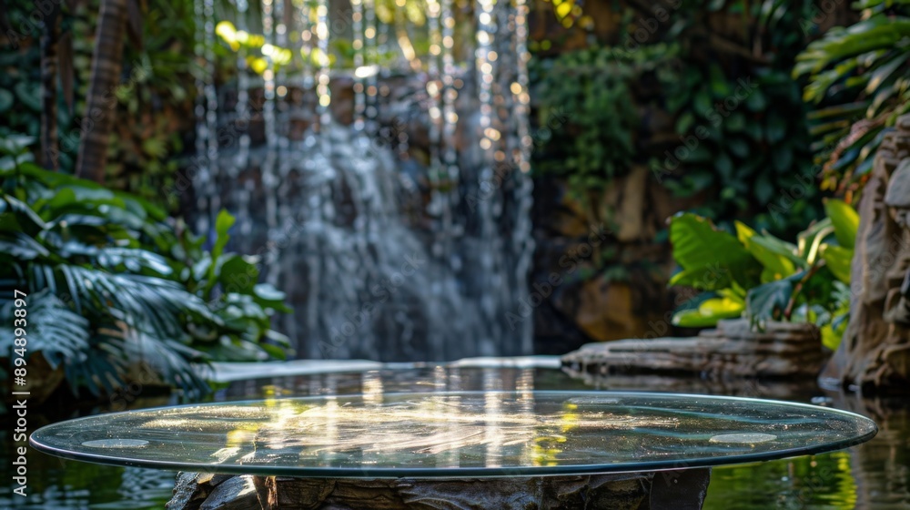 Aufkleber a glass table sits in front of a cascading waterfall, surrounded by lush greenery. the table reflect