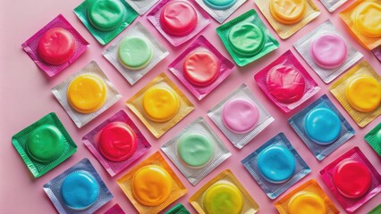 Stylish flat lay of colorful condoms on pastel background, condoms, flat lay, stylish, colorful, packaging