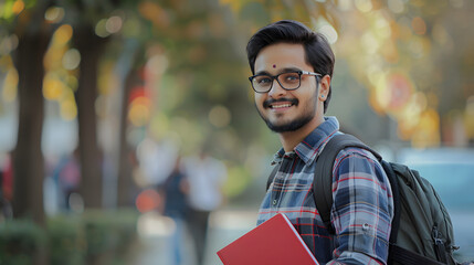 Portrait of young Indian male student, applicant standing outside campus, holding books and backpack, preparing for exam. Smiling and confidently looking to the side