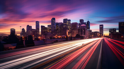 Dusk Descends over Modern Metropolis: A Dynamic Cityscape Photograph Capturing the Dualism of Vibrant City Life against Tranquil Waterfront