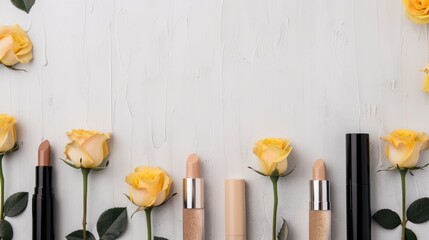 Top view of makeup products and yellow roses arranged on a white wooden background. Beauty and nature concept.