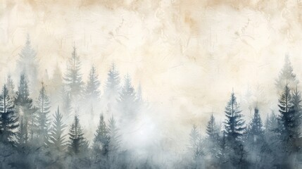 Watercolor painting of a misty forest landscape with tall trees, evoking a serene and mysterious atmosphere.