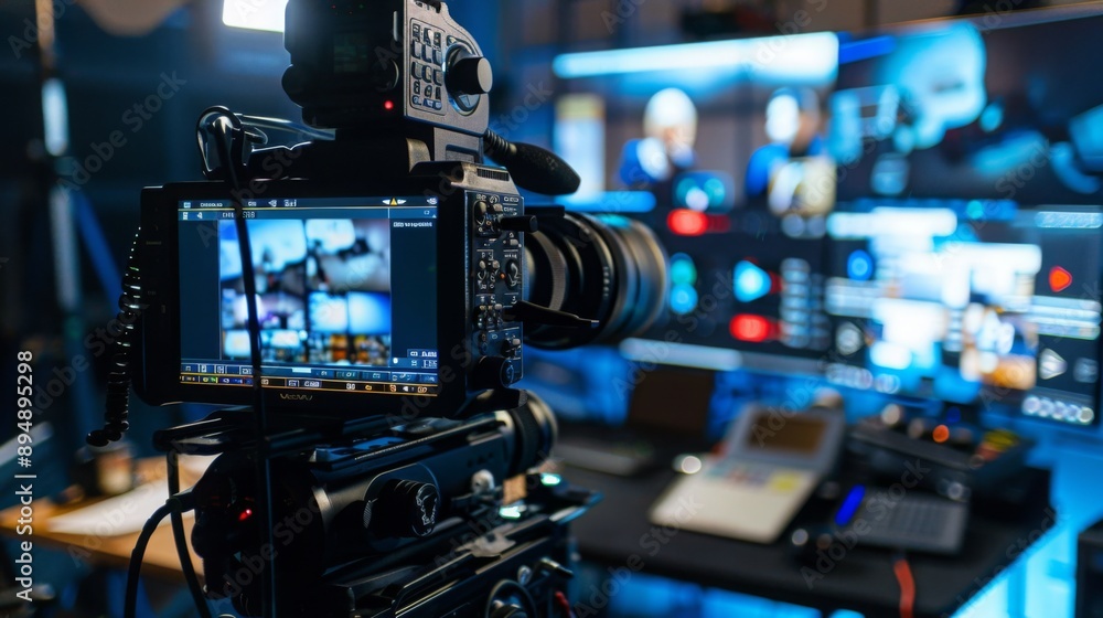 Aufkleber A close-up shot of a professional video camera recording in a studio setting. The camera is positioned on a tripod and is pointed at a large monitor displaying a video feed.