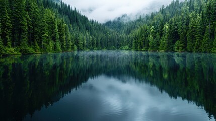Obraz premium A tranquil mountain lake is enveloped by tall pine trees and a misty sky, creating a picturesque and serene natural landscape perfect for relaxation and reflection.