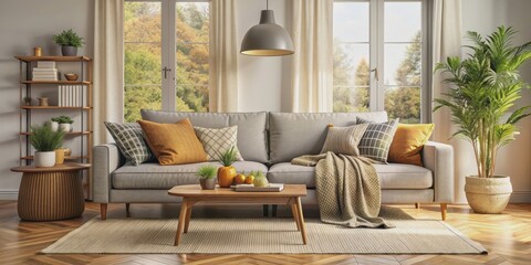 Cozy modern living room interior with comfortable sofa, warm blankets, and soft pillows, home, interior, living room, cozy